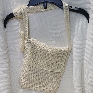 Cream Crochet Crossbody Bag with Flap Closure